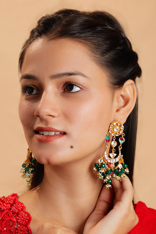 Floral Carved Jadtar Stone Chaandbali Earrings 