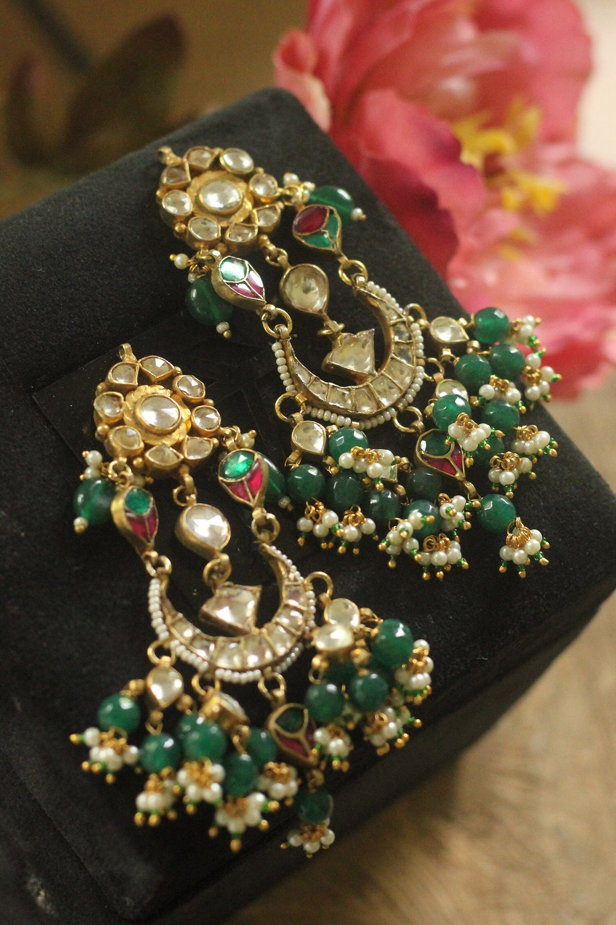 Floral Carved Jadtar Stone Chaandbali Earrings 