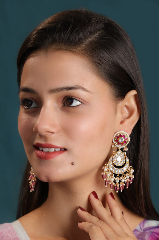 Floral Carved Kundan Chaandbali Earrings 
