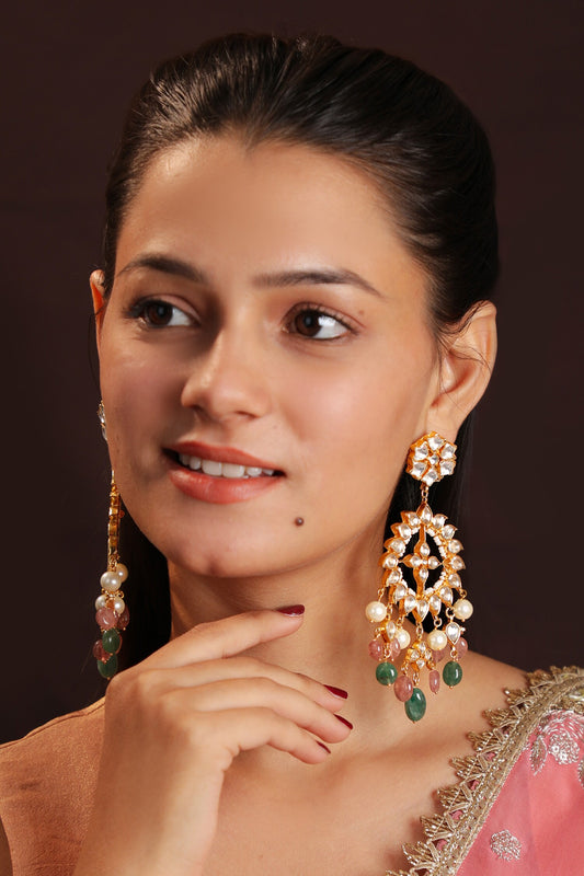 Floral Carved Jadtar Stone Earrings 