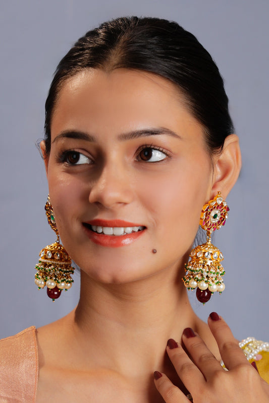 Floral Carved Jadtar Stone Jhumkas 