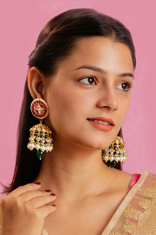 Floral Jadtar Stone Embellished Jhumkas 