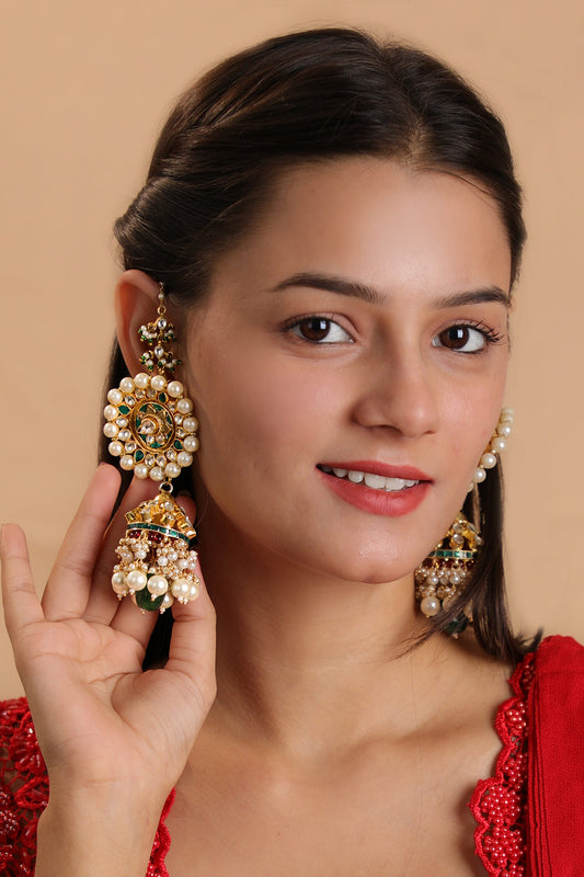 Floral Carved Jadtar Stone Jhumkas 