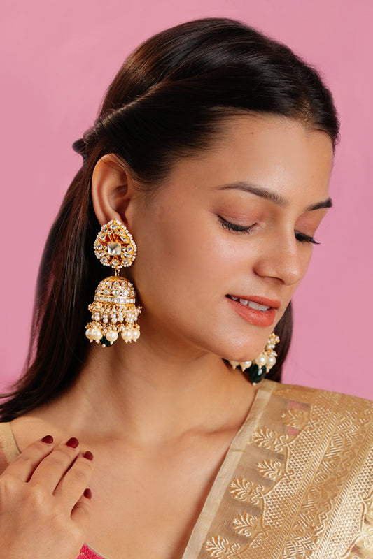 Floral Carved Jadtar Stone Jhumkas 