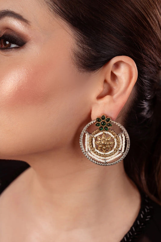 Floral Carved Kundan Polki Stud Earrings 