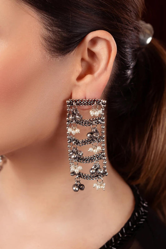 Oxidised Ghungroo Carved Earrings 