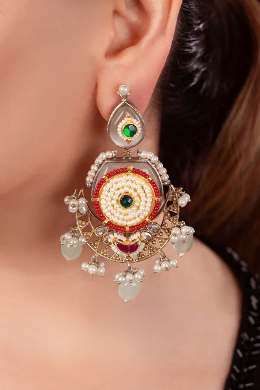 Gold Two Tone Chandbalis with Grey Stones 