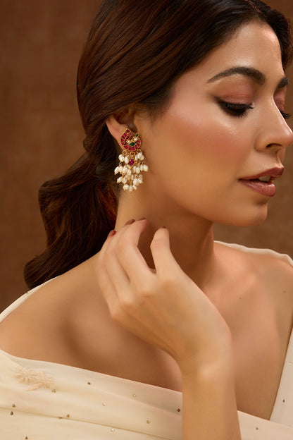 Peacock Shaped Red Kundan Earrings 