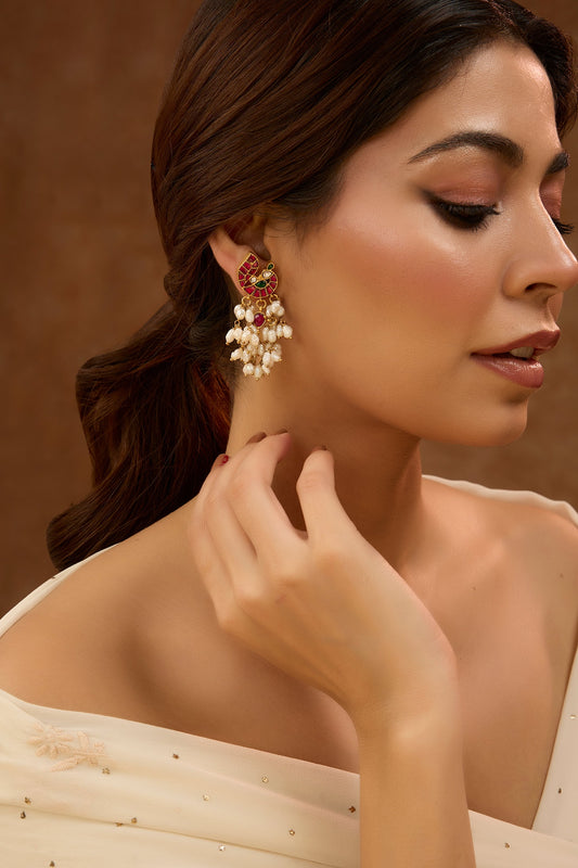 Peacock Shaped Red Kundan Earrings 