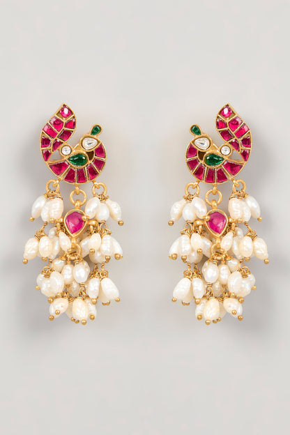 Peacock Shaped Red Kundan Earrings 