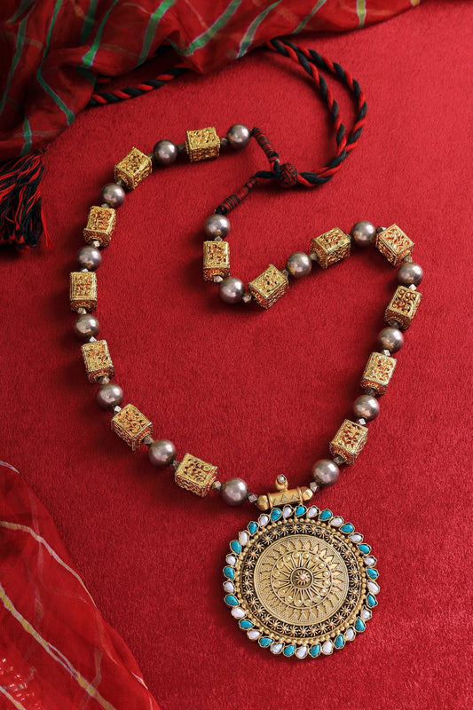 Temple Carved Long Pendant Necklace 