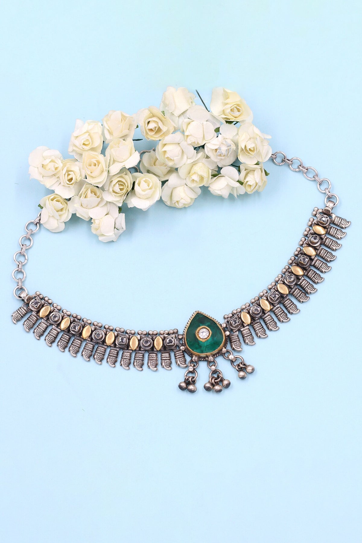 Green Hydro Stone Silver Choker Necklace 