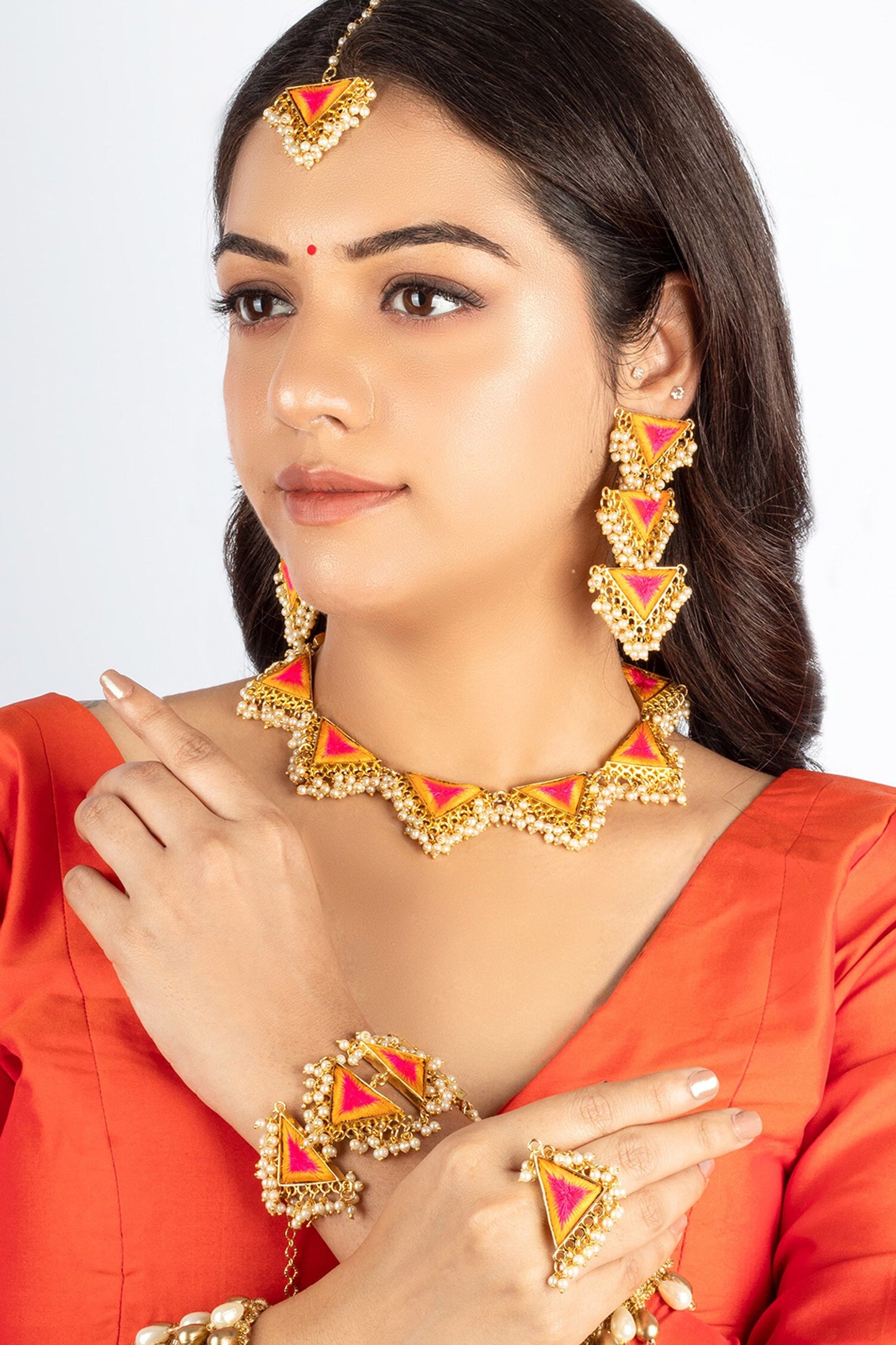 Yellow Pink Thread Embroidered Choker Set 