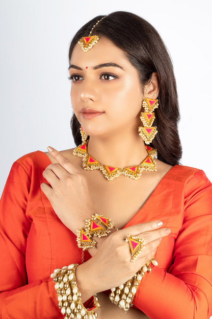 Yellow Pink Thread Embroidered Choker Set 