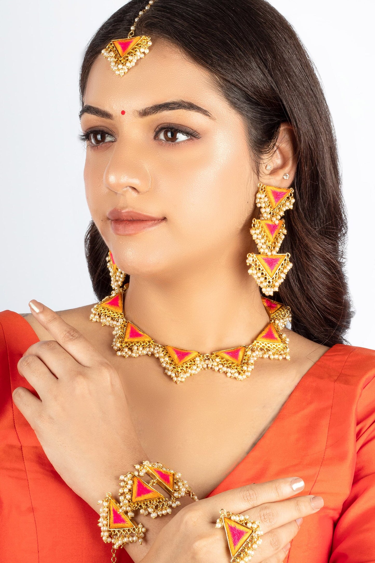 Yellow Pink Thread Embroidered Choker Set 