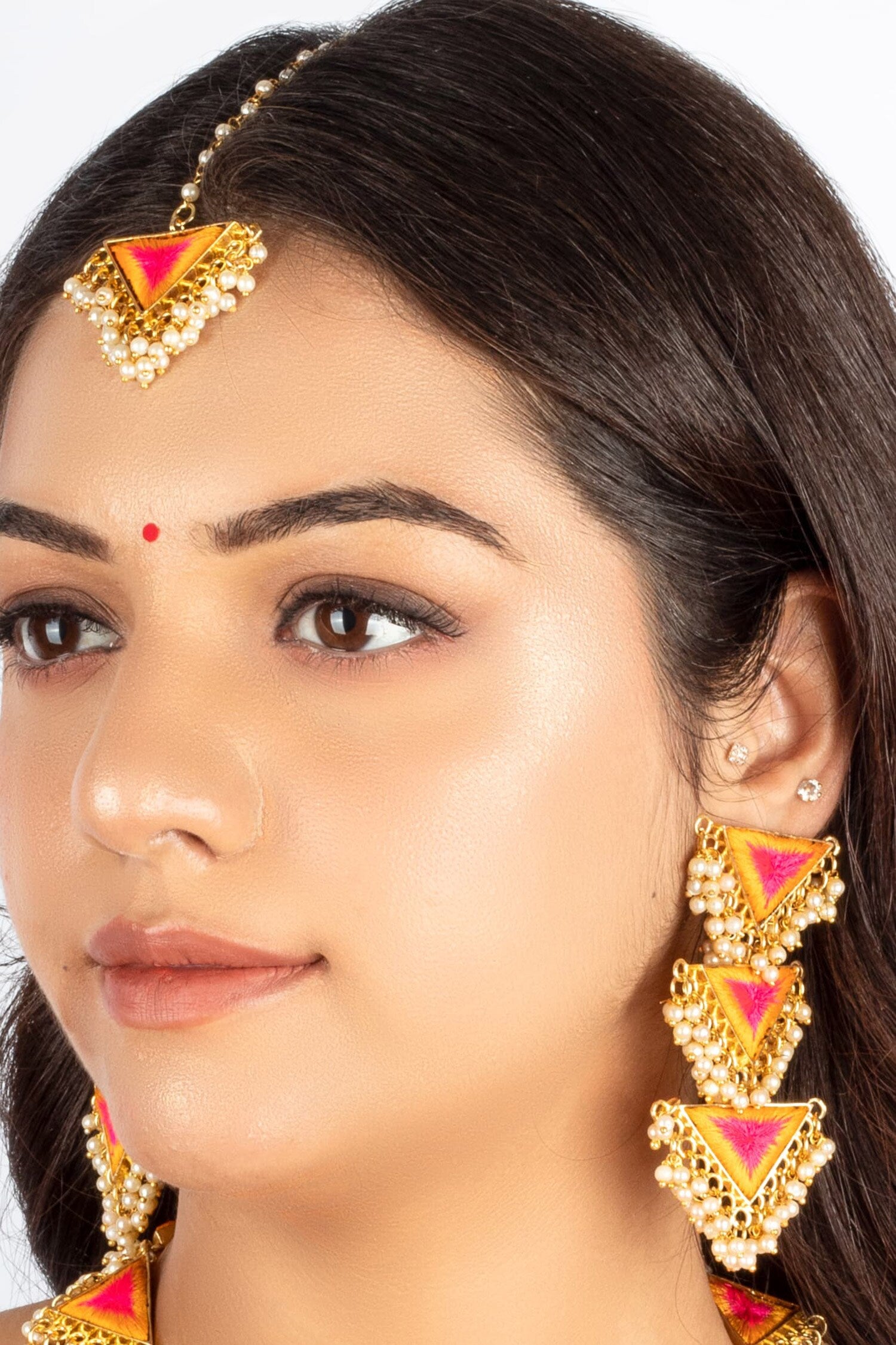 Yellow Pink Thread Embroidered Choker Set 