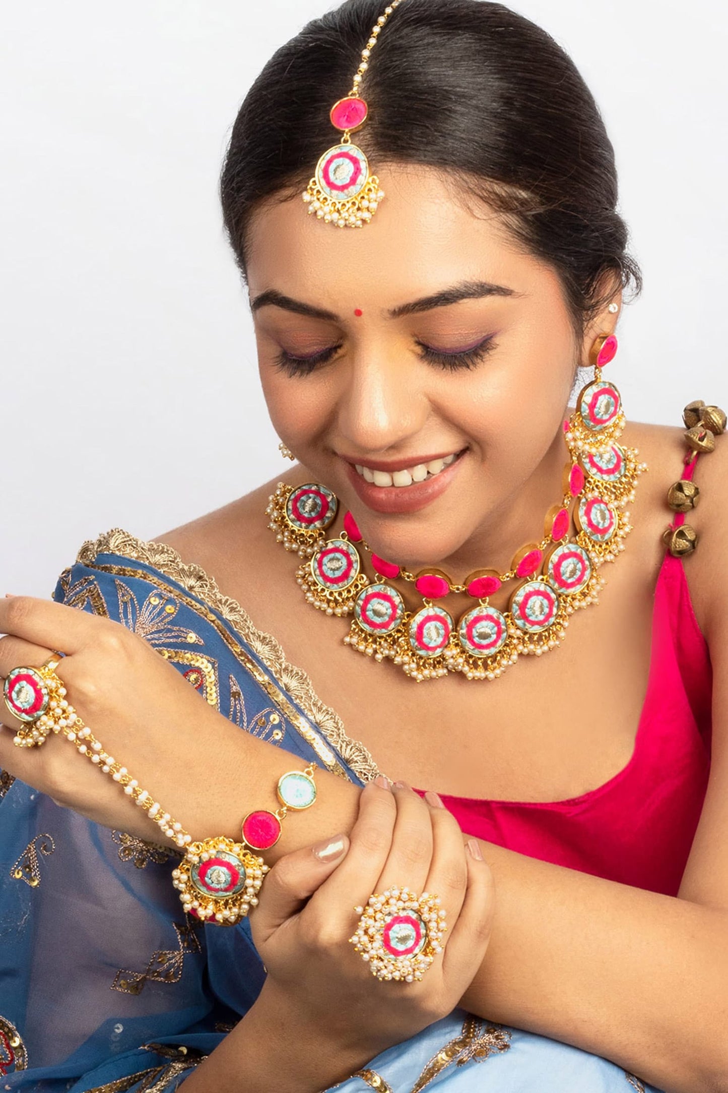 Sky Blue & Pink Embroidered Choker Set 