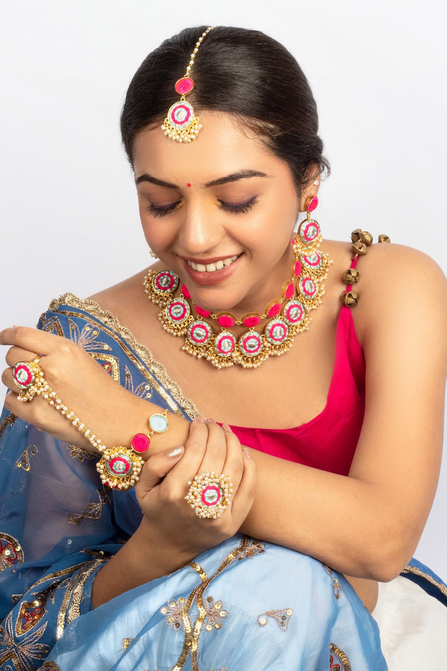 Sky Blue & Pink Embroidered Choker Set 