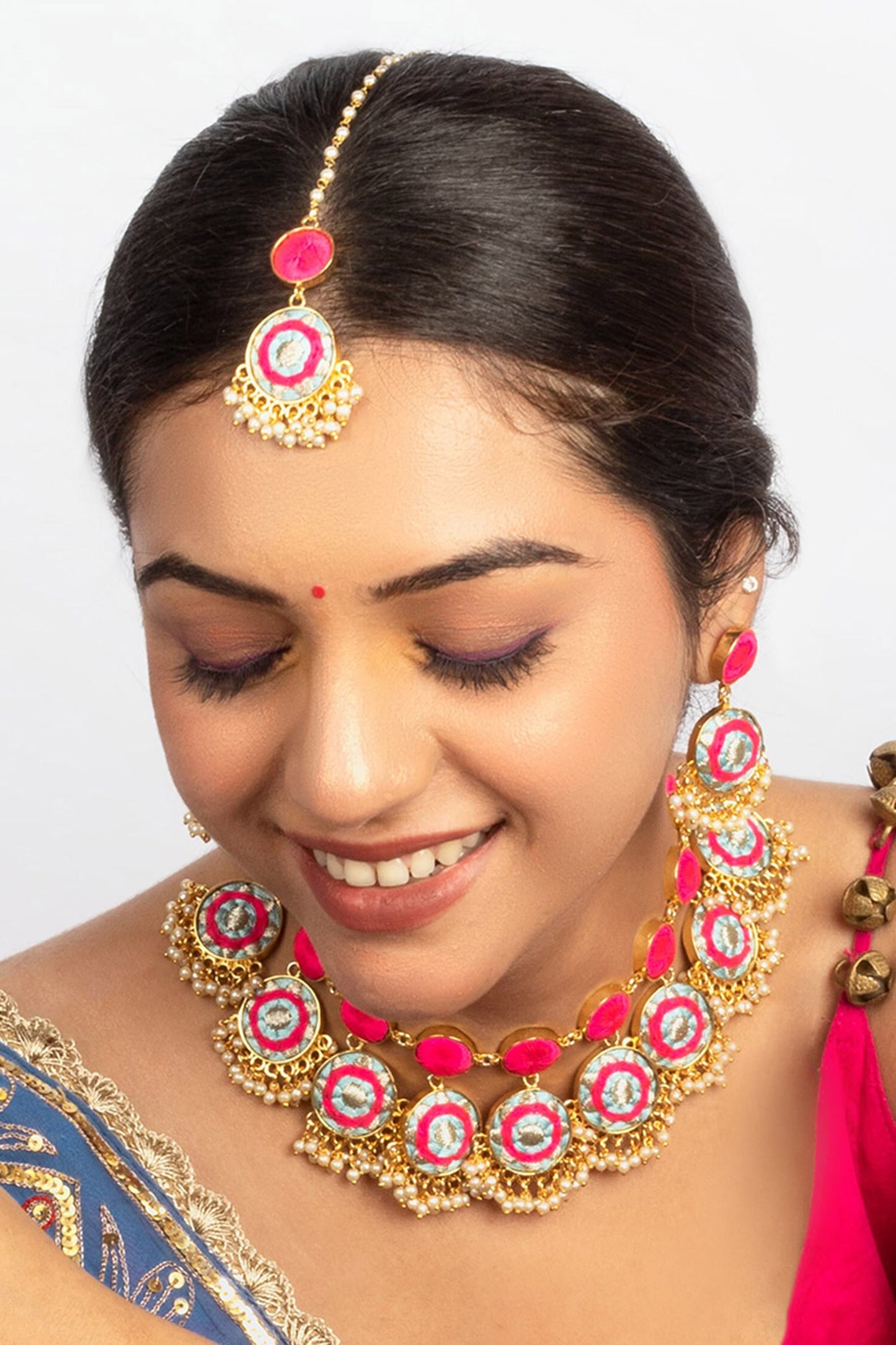 Sky Blue & Pink Embroidered Choker Set 