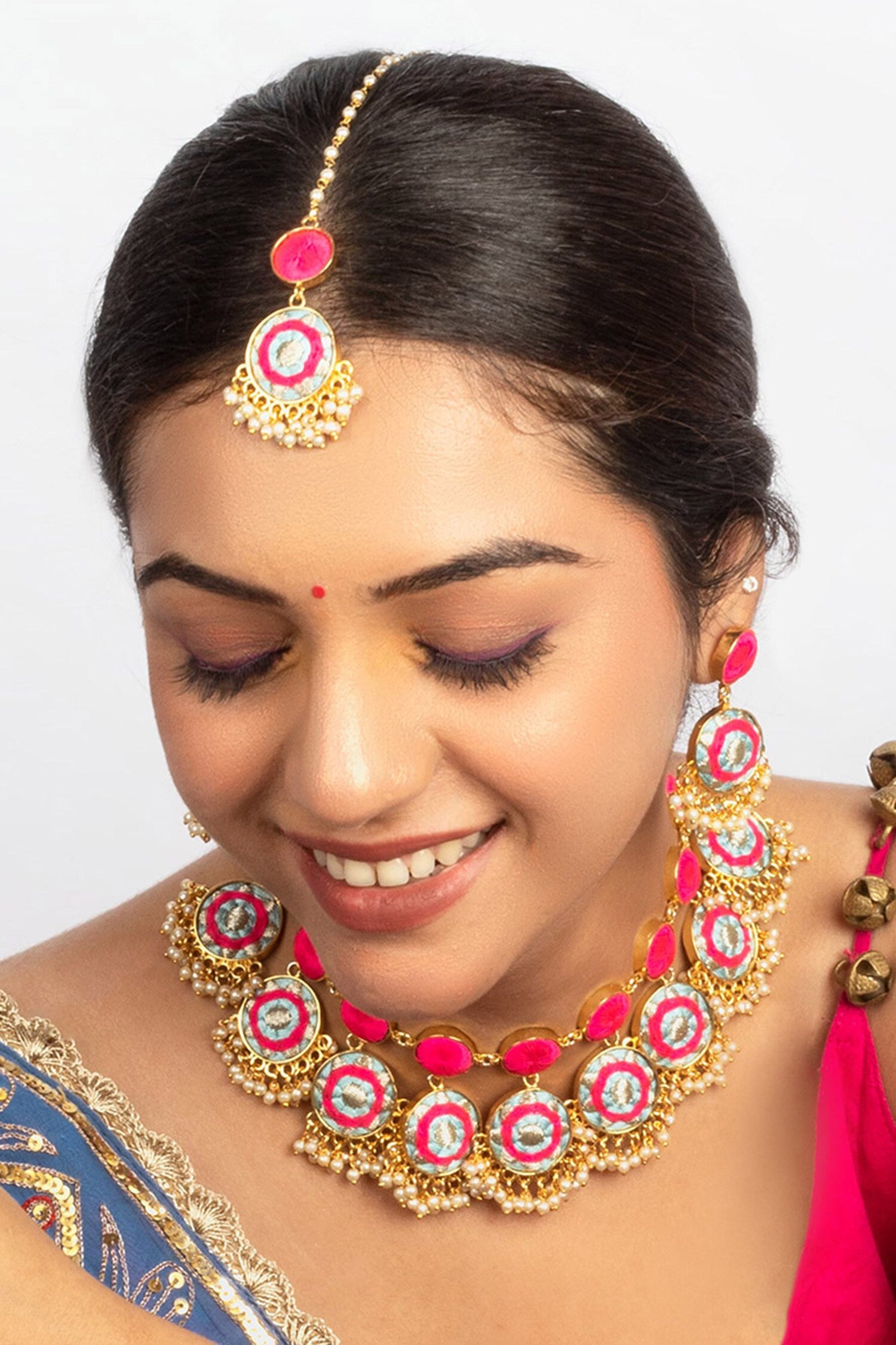 Sky Blue & Pink Embroidered Choker Set 