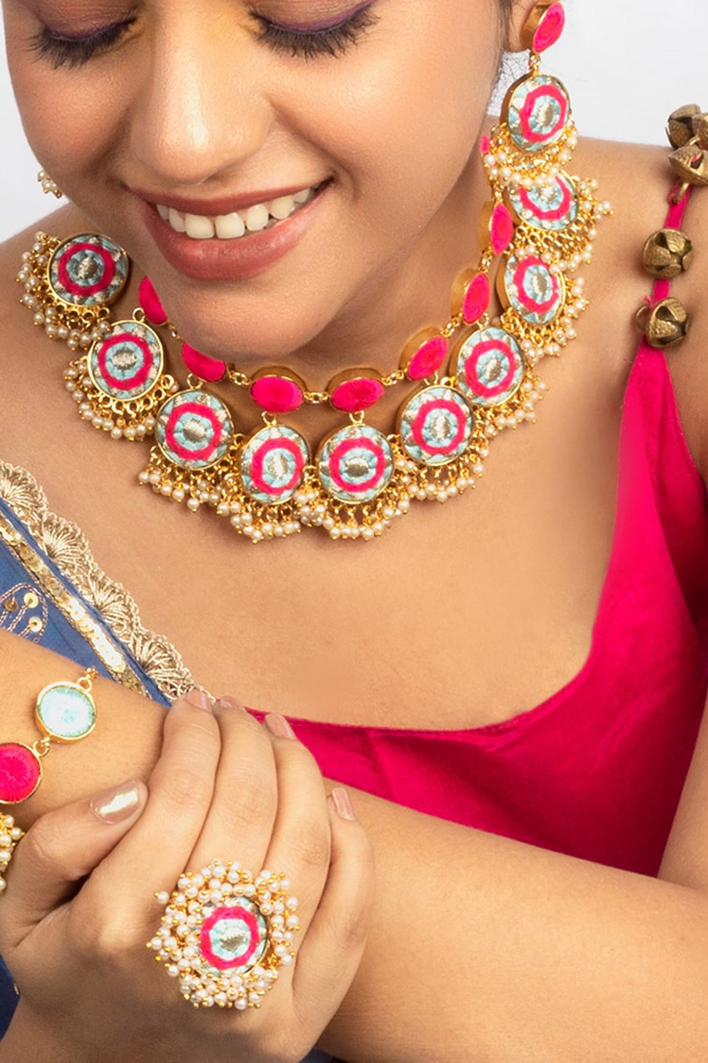 Sky Blue & Pink Embroidered Choker Set 