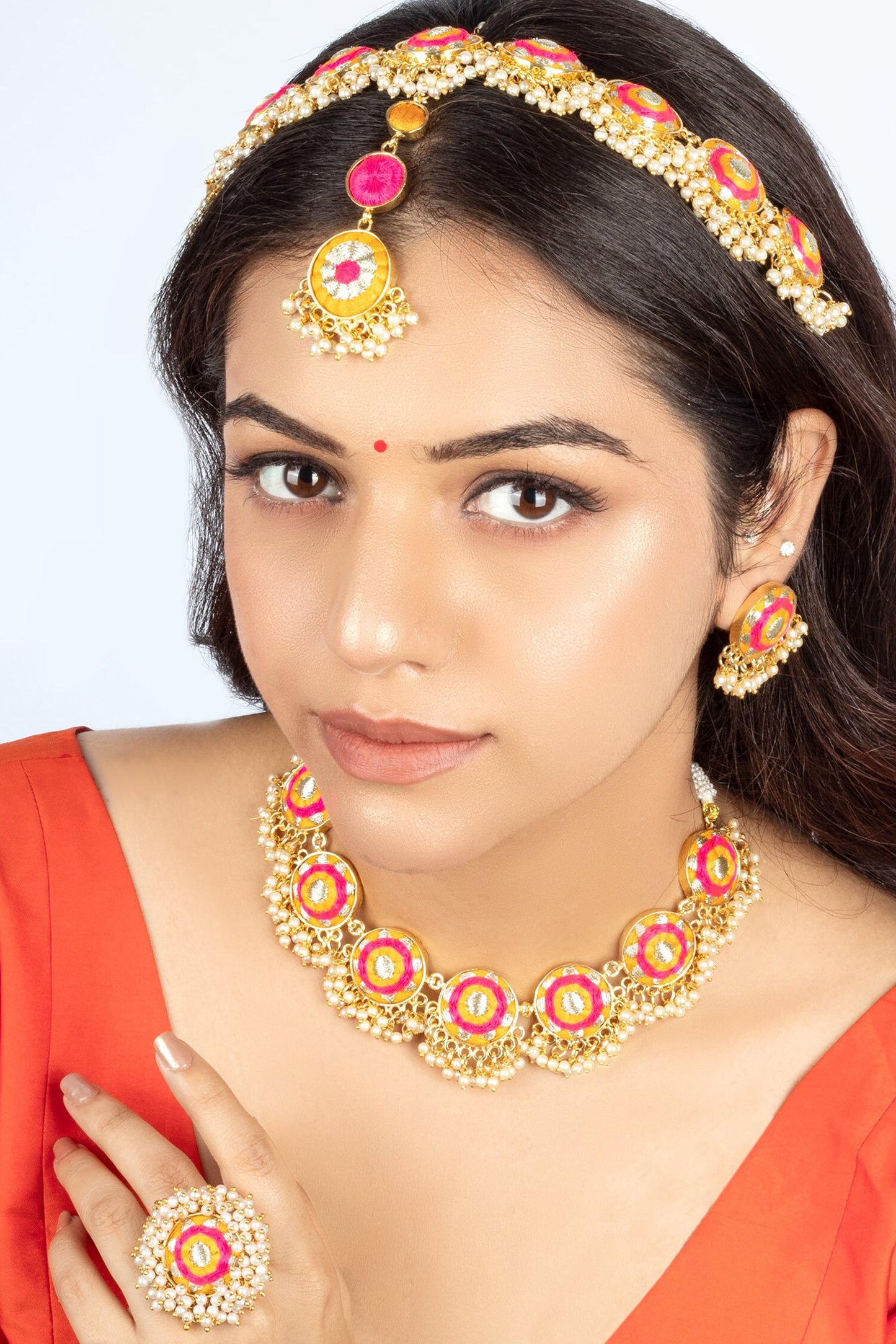 Choker Set with Thread Embroidery & Pearls 