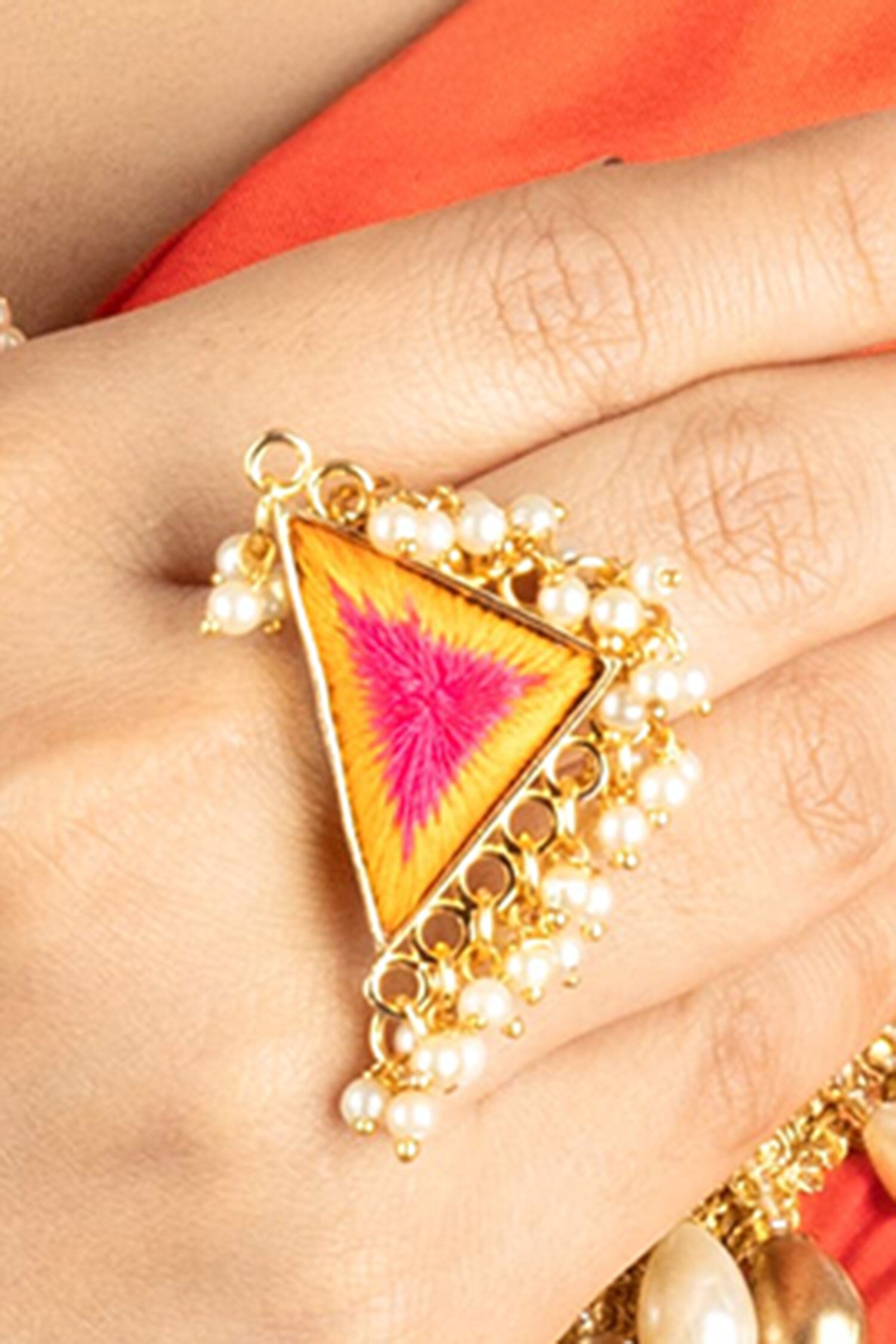 Mustard Pink Thread Embroidered Ring 