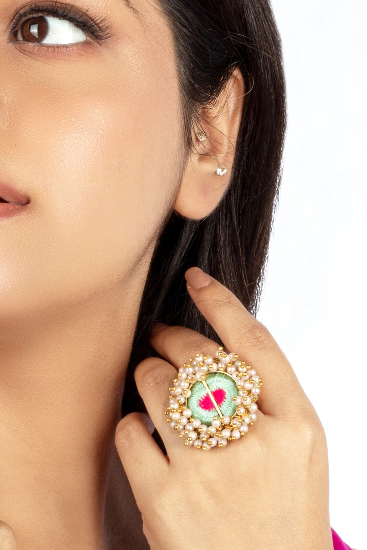 Thread Embroidered Pearl Tasselled Ring 