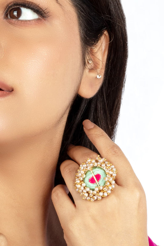 Thread Embroidered Pearl Tasselled Ring 