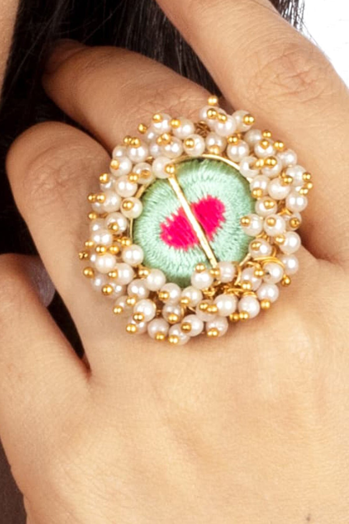 Thread Embroidered Pearl Tasselled Ring 