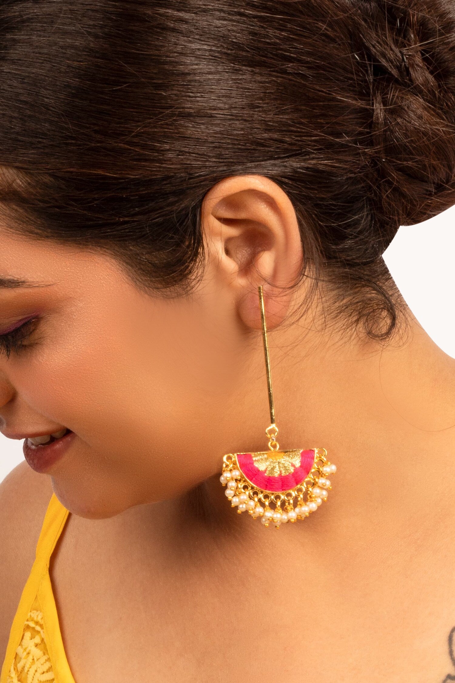 Thread Embroidered Pearl Danglers 