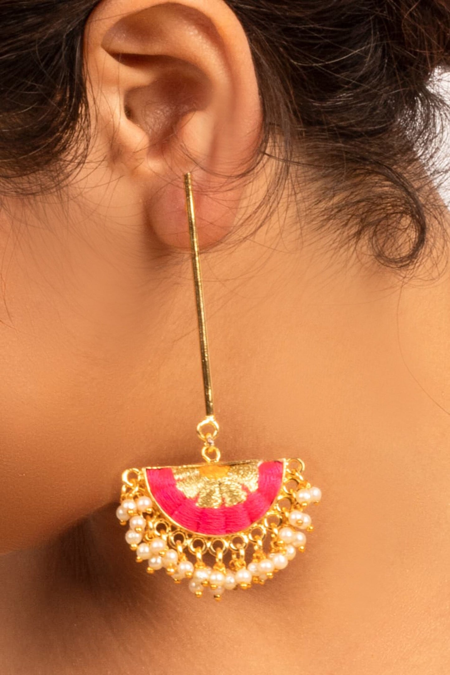Thread Embroidered Pearl Danglers 