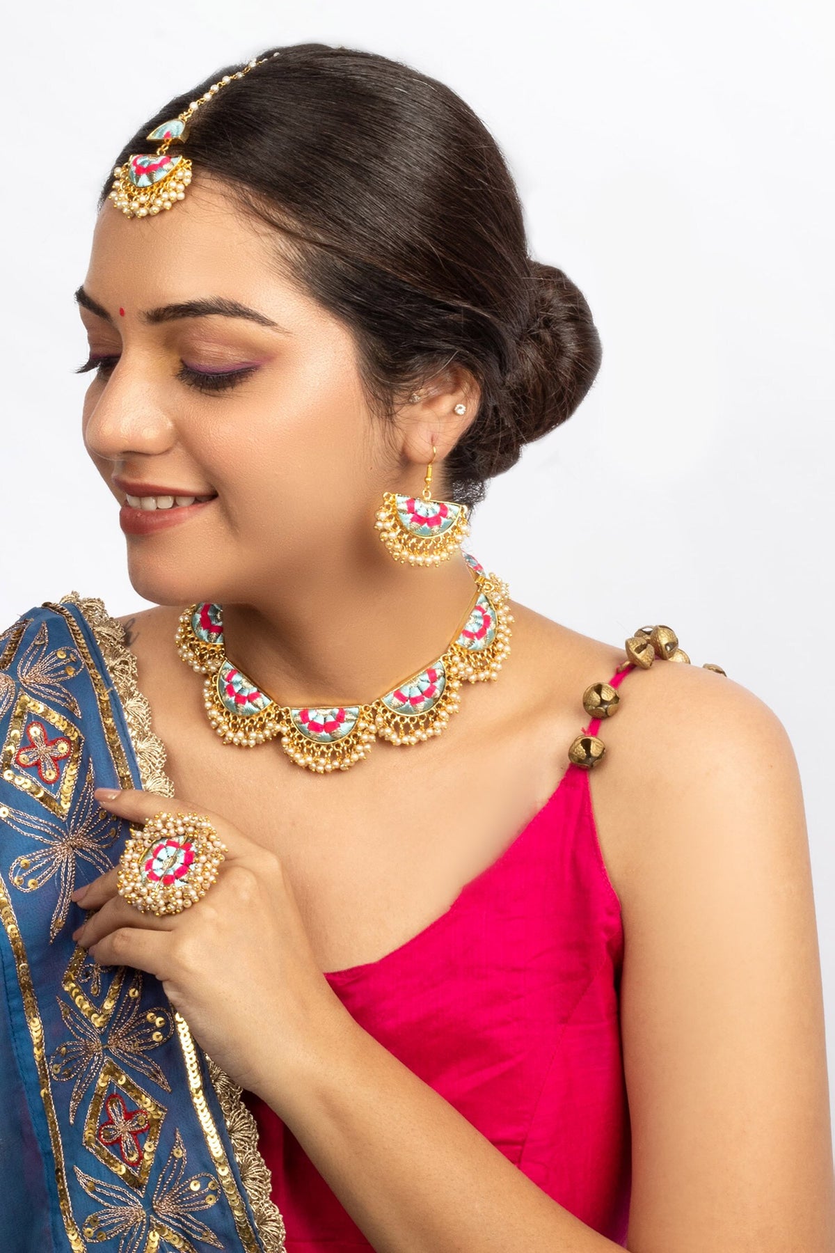 Geometric Pearl Embroidered Jewellery Set 