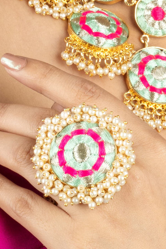 Mint Blue-Pink Thread Embroidered Ring 