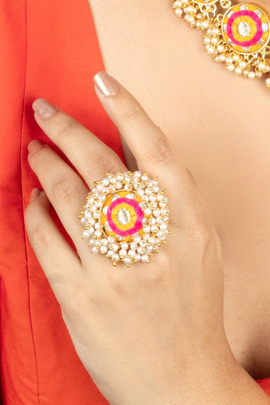 Floral Embroidered Ring with Pearl Tassels 