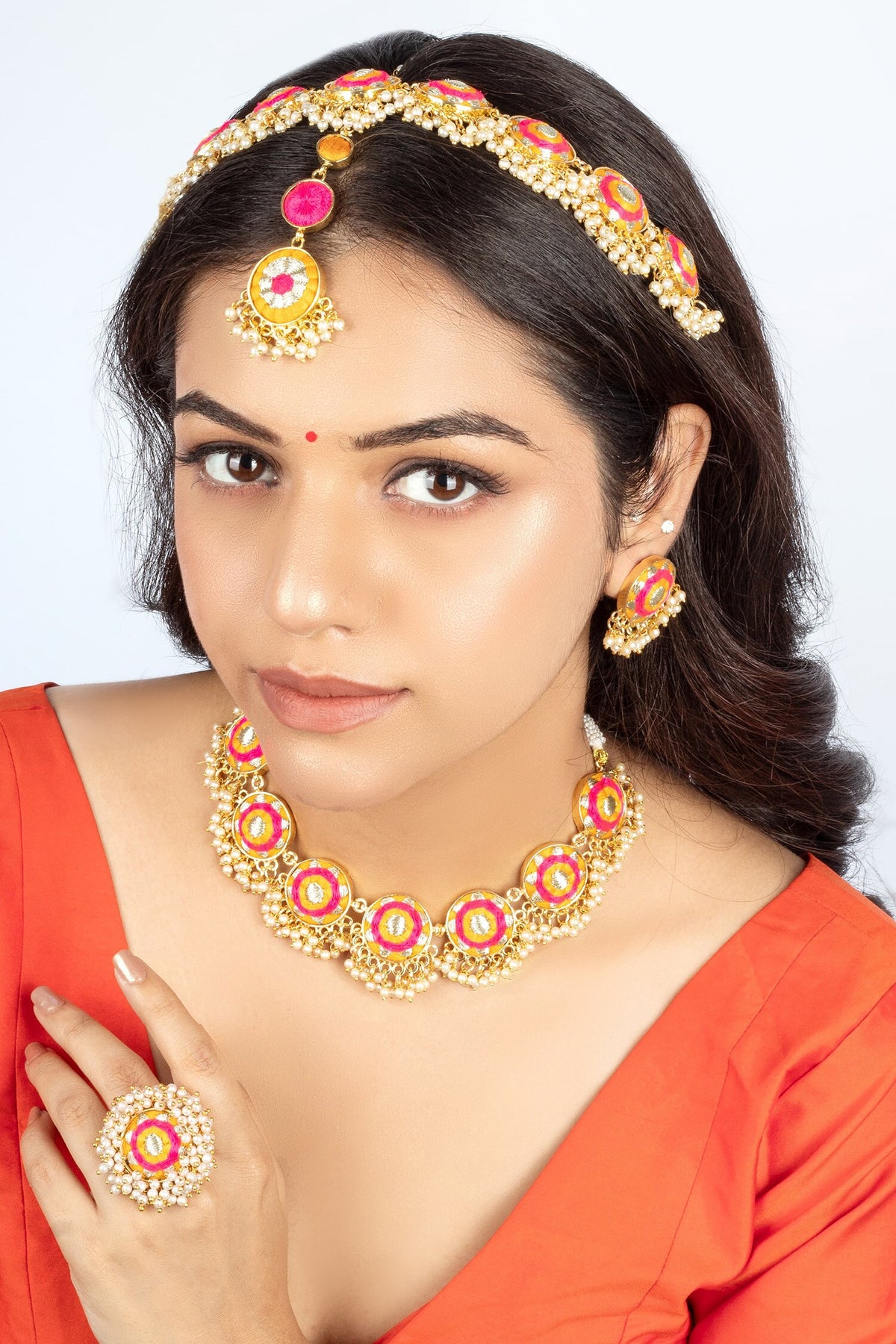 Floral Embroidered Ring with Pearl Tassels 