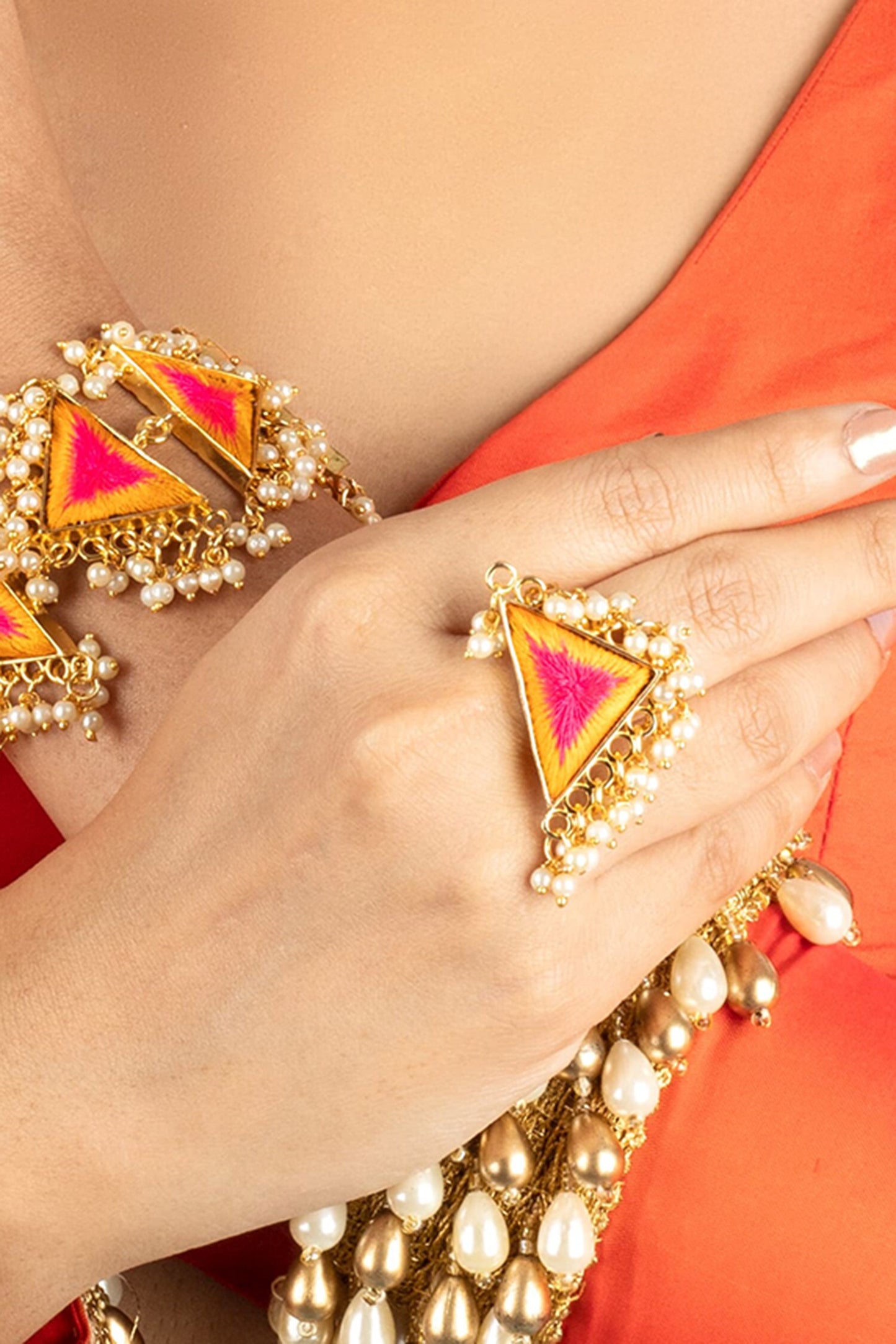 Mustard Pink Thread Embroidered Ring 