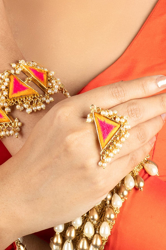 Mustard Pink Thread Embroidered Ring 