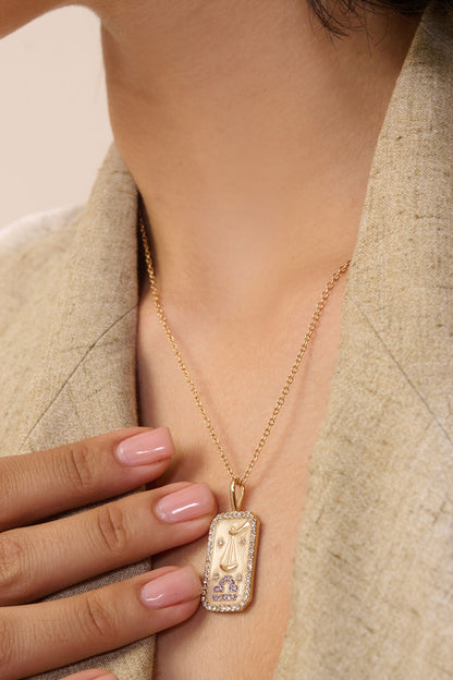 Libra Zodiac Carved Pendant Necklace 