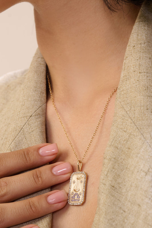 Libra Zodiac Carved Pendant Necklace 