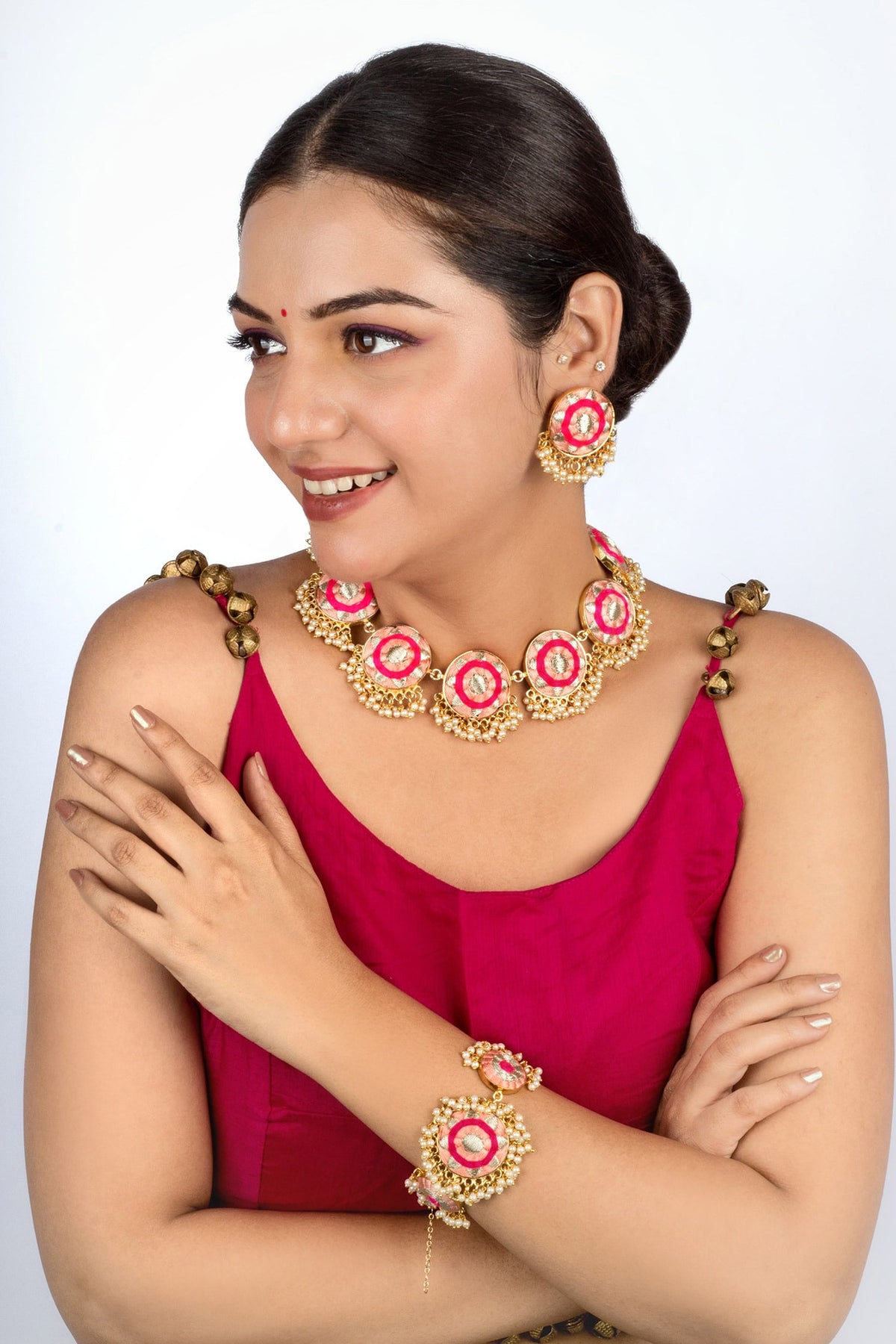 Peach Pink Embroidered Jewellery Set 
