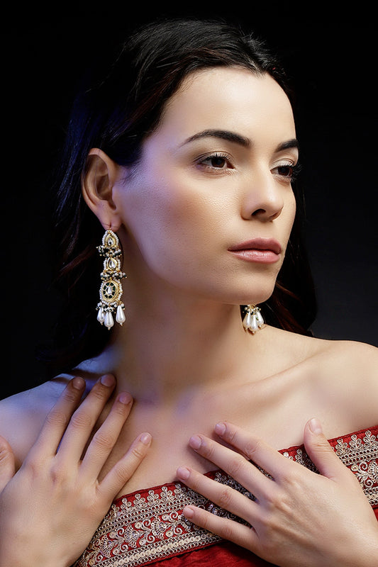 Gold Plated Kundan Pearl Long Earrings 