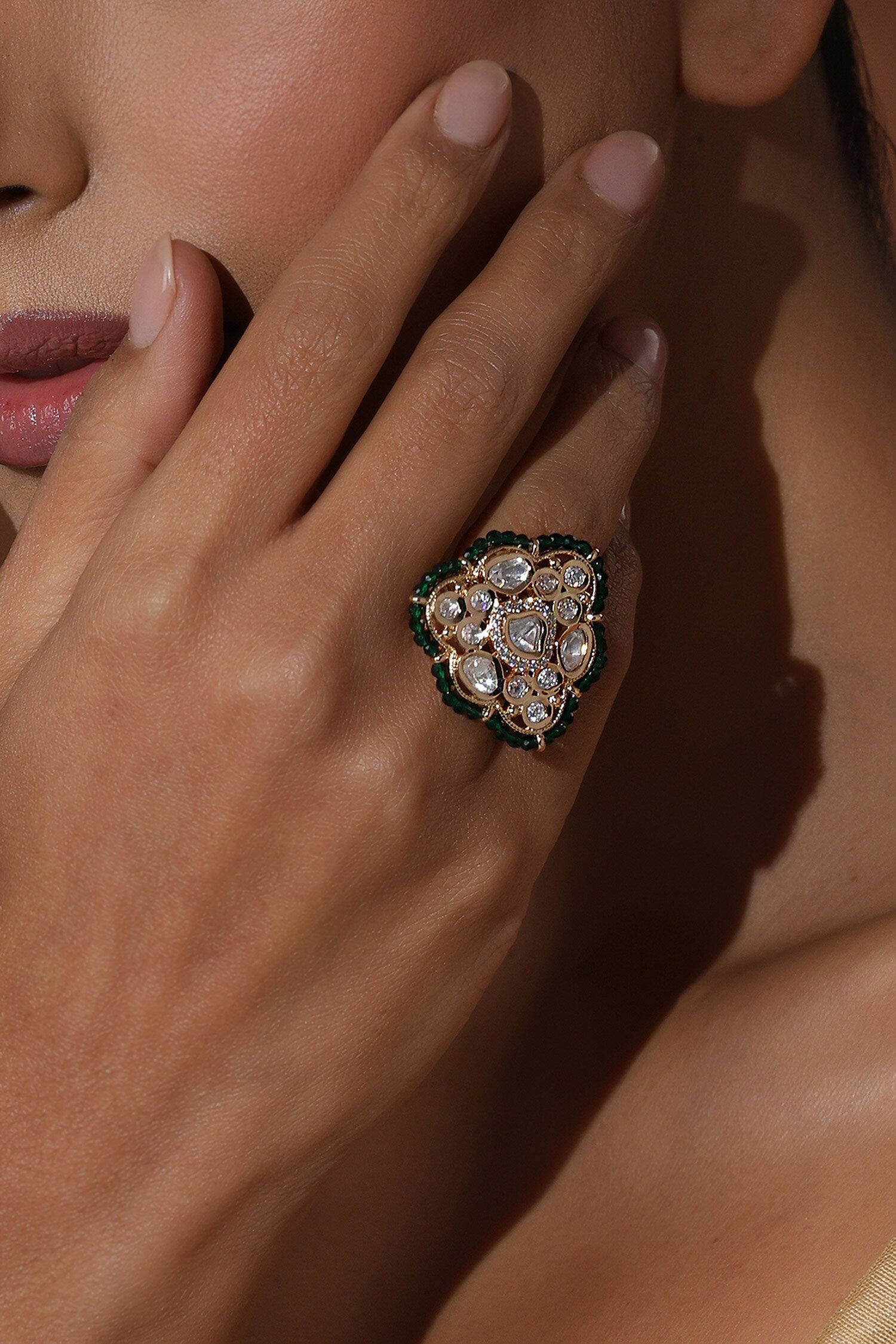 Polki Embellished Green Ring 