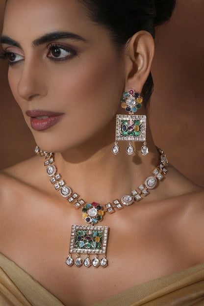 Polki Embellished Geometric Necklace Set 