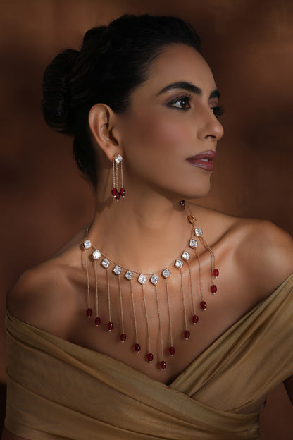 Rose Gold Polki Necklace Set With Earrings 