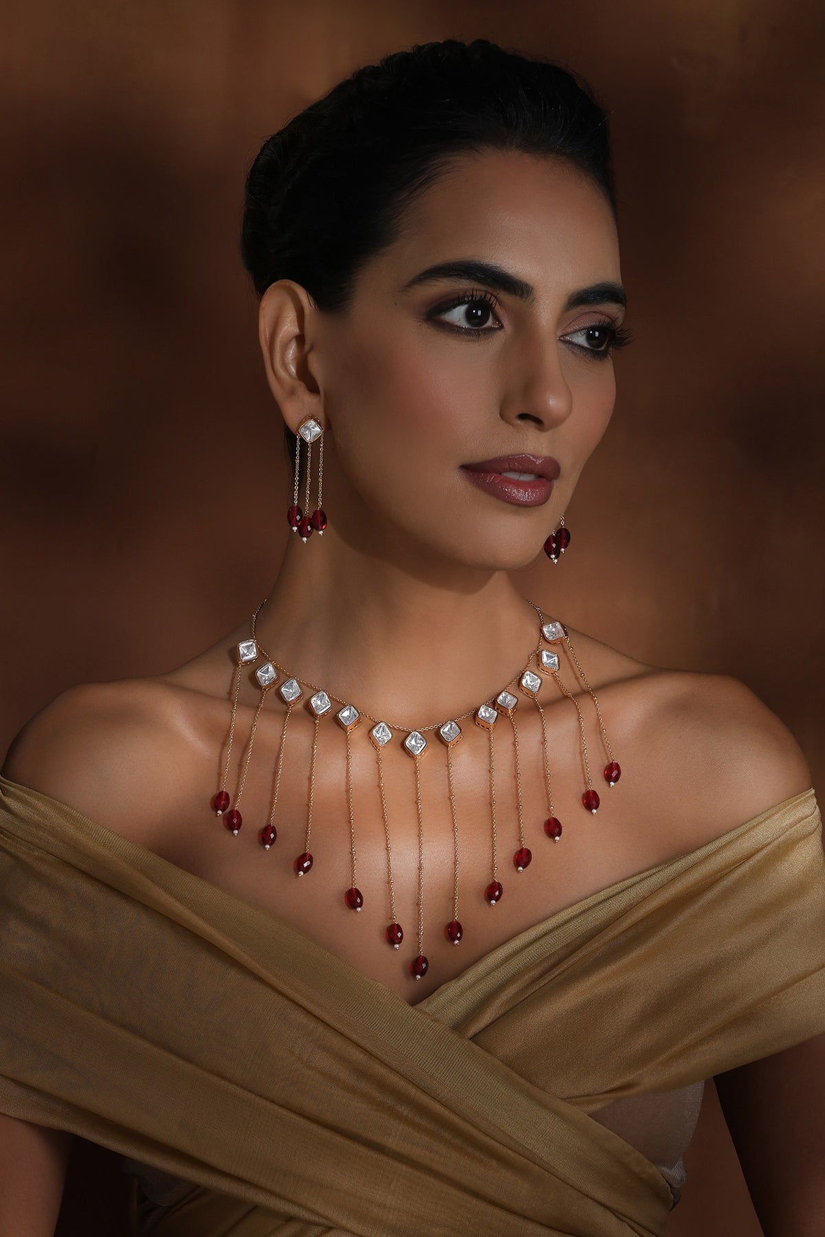 Rose Gold Polki Necklace Set With Earrings 