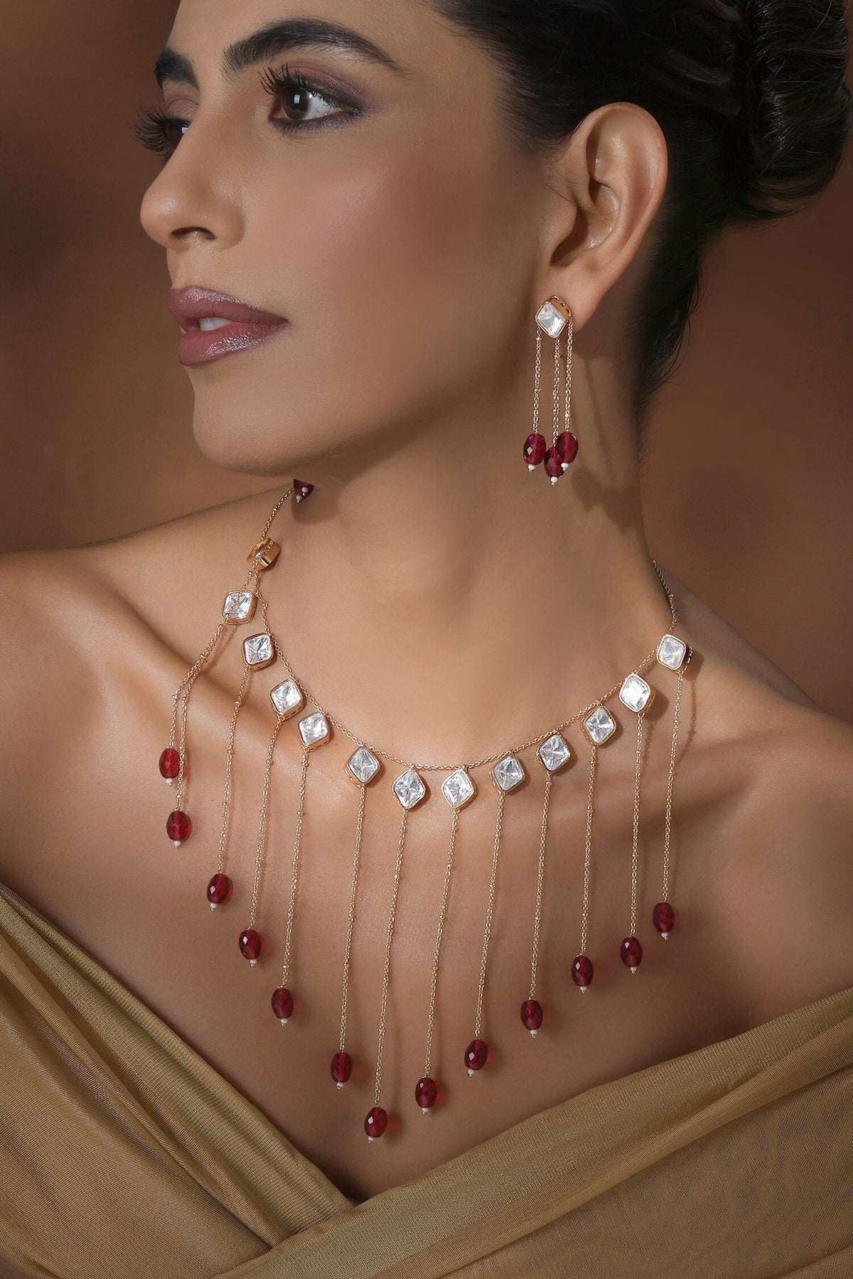 Rose Gold Polki Necklace Set With Earrings 