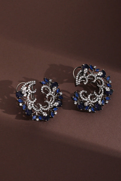Rhodium Plated Zirconia Crest Hoop Earrings 