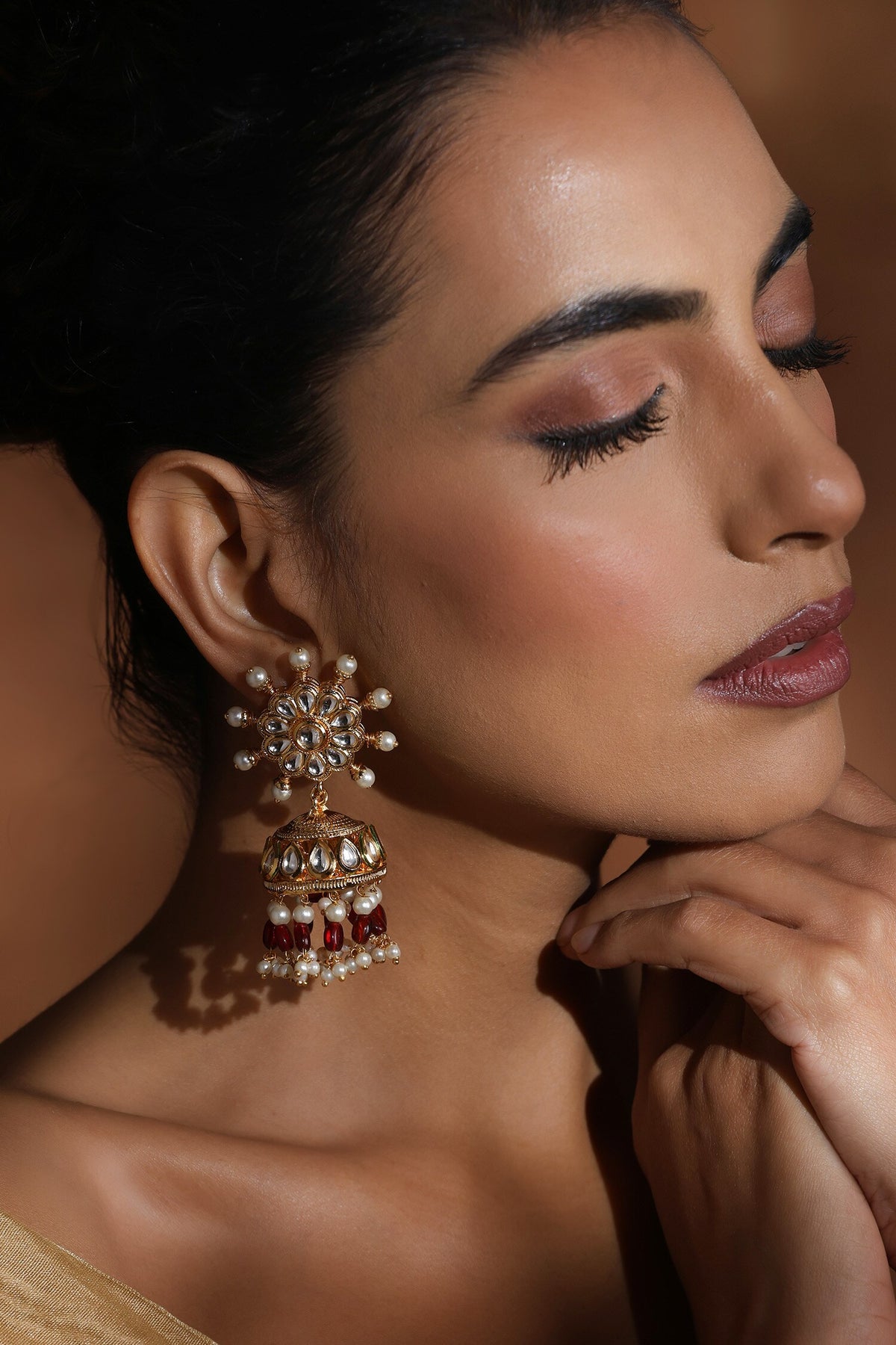 Kundan Pearl Blossom Jhumka Earrings 