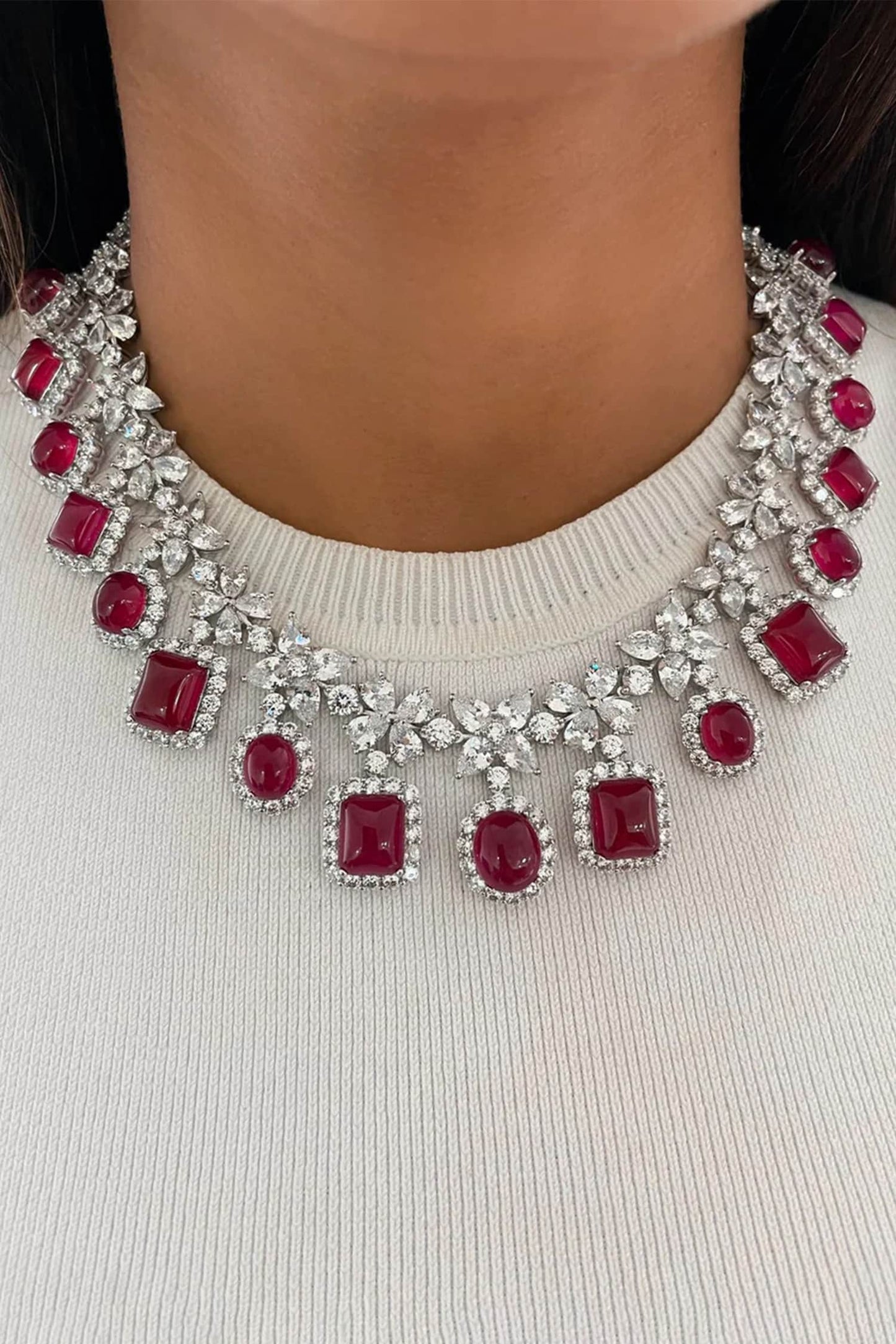 Ruby Diamond Floral Necklace & Earring Set 
